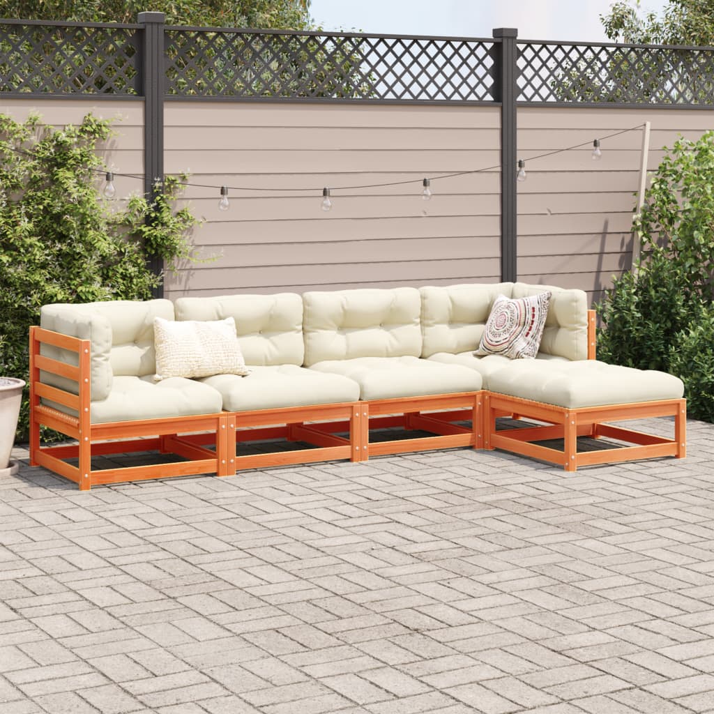 5Pcs conj. sofás jardim + almofadões pinho maciço castanho-mel