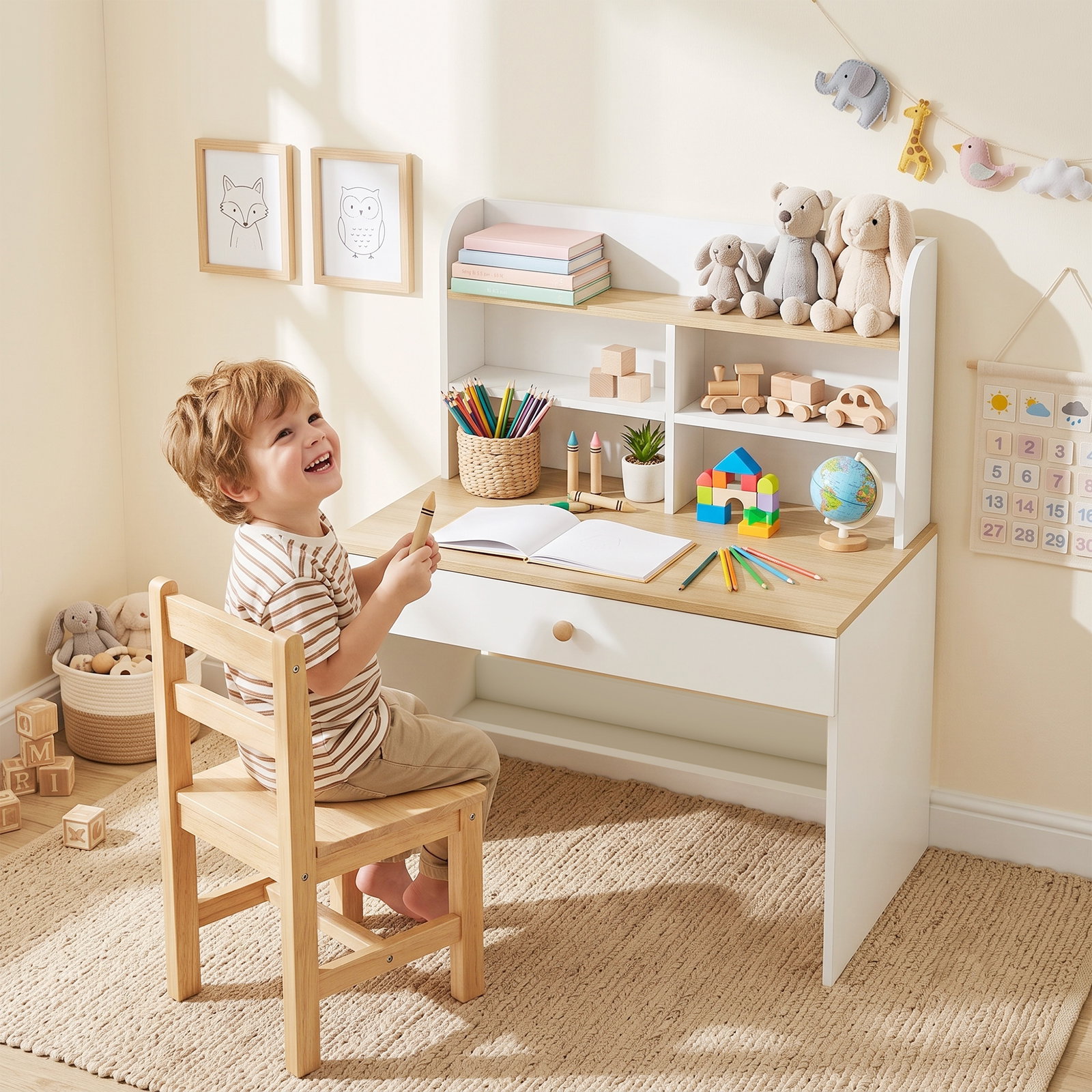Secretária infantil com prateleira, 3 compartimentos e gaveta – mesa de estudo 80x50x100 cm, branco, 3-8 anos