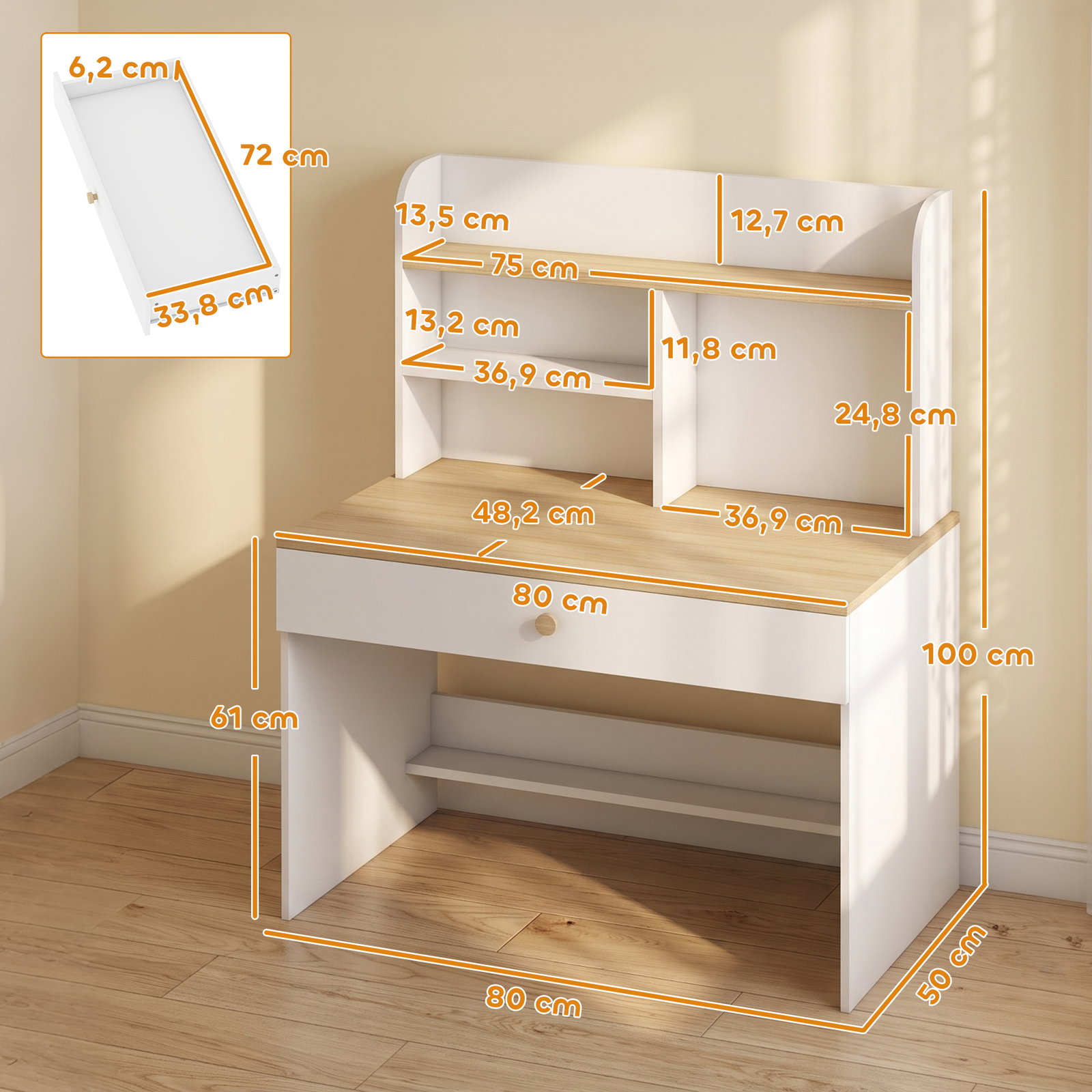 Secretária infantil com prateleira, 3 compartimentos e gaveta – mesa de estudo 80x50x100 cm, branco, 3-8 anos