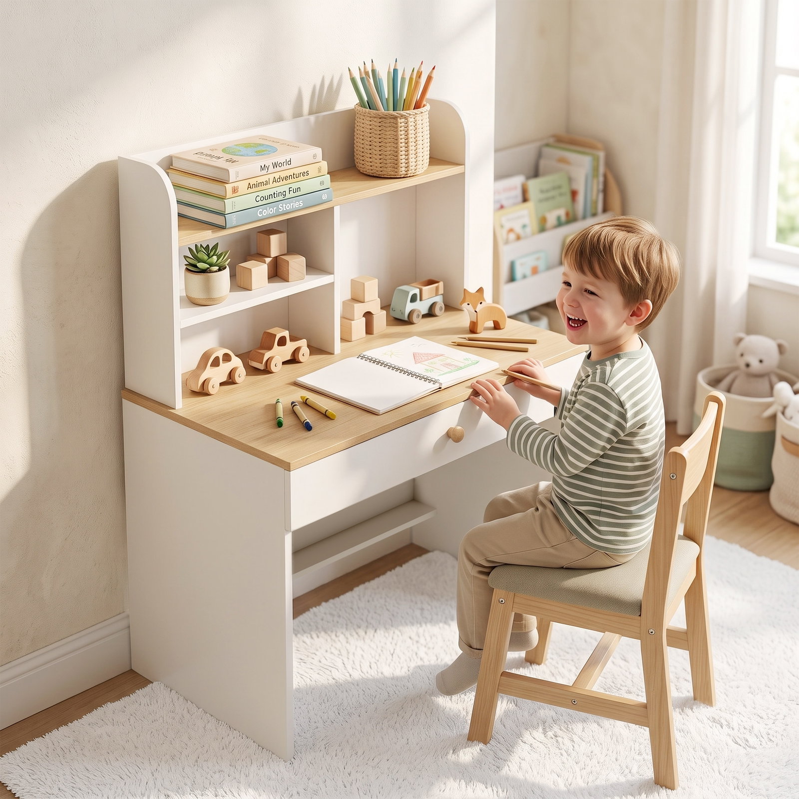 Secretária infantil com prateleira, 3 compartimentos e gaveta – mesa de estudo 80x50x100 cm, branco, 3-8 anos