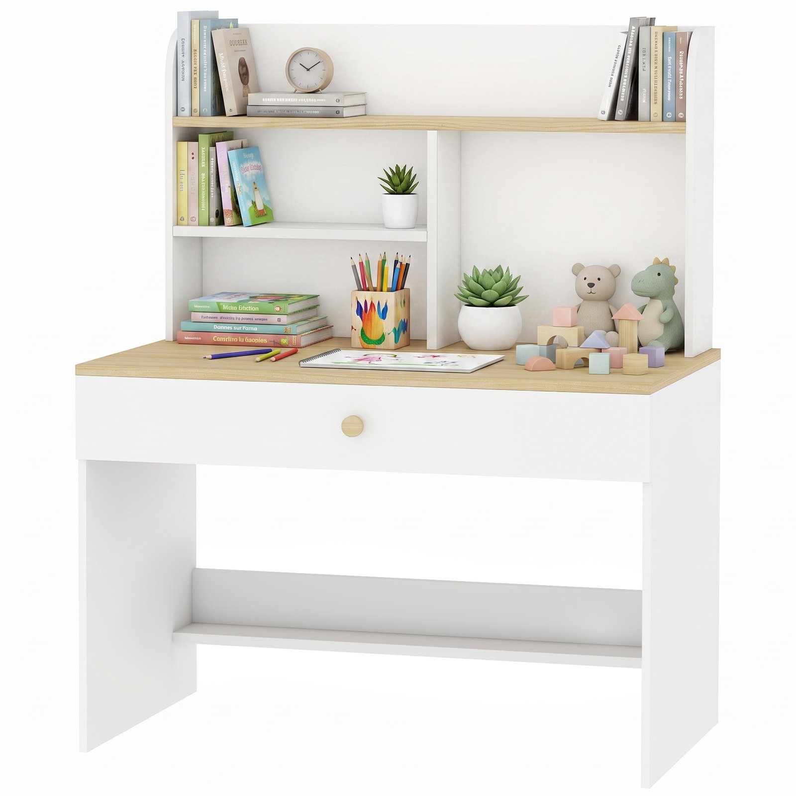 Secretária infantil com prateleira, 3 compartimentos e gaveta – mesa de estudo 80x50x100 cm, branco, 3-8 anos