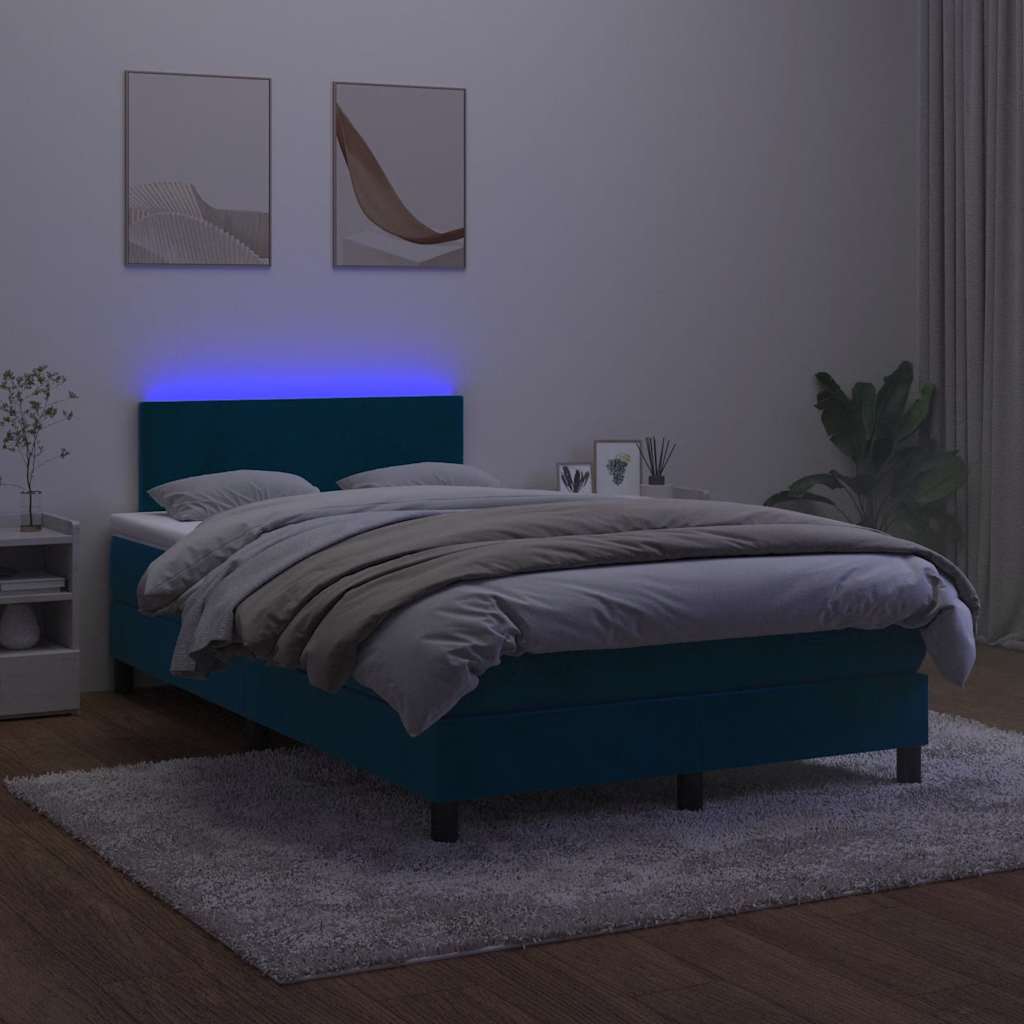 Cama box spring c/ colchão/LED 120x200 cm veludo azul-escuro