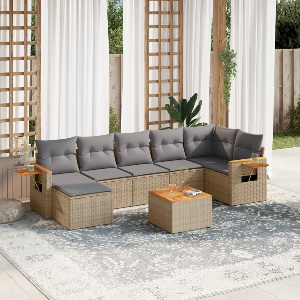 8 Pcs conjunto de sofás p/ jardim com almofadões vime PE bege