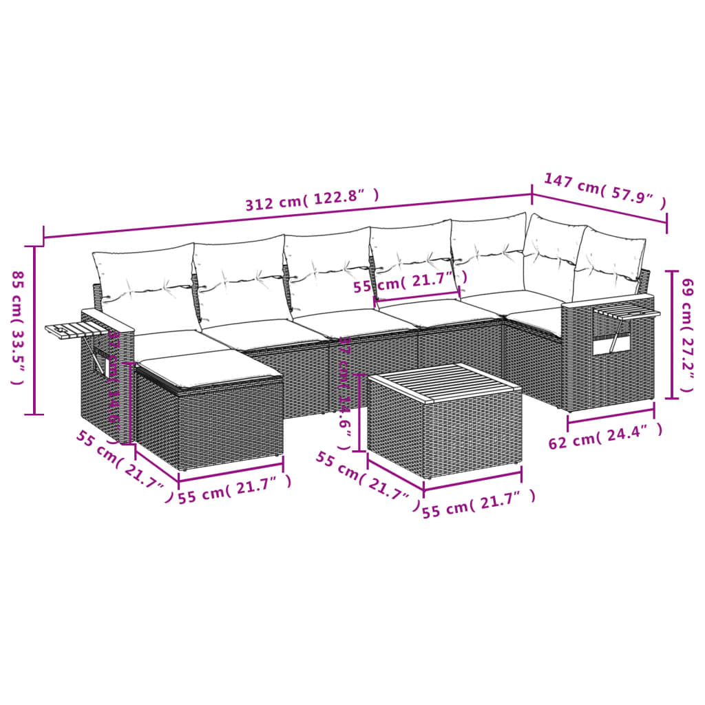 8 Pcs conjunto de sofás p/ jardim com almofadões vime PE bege
