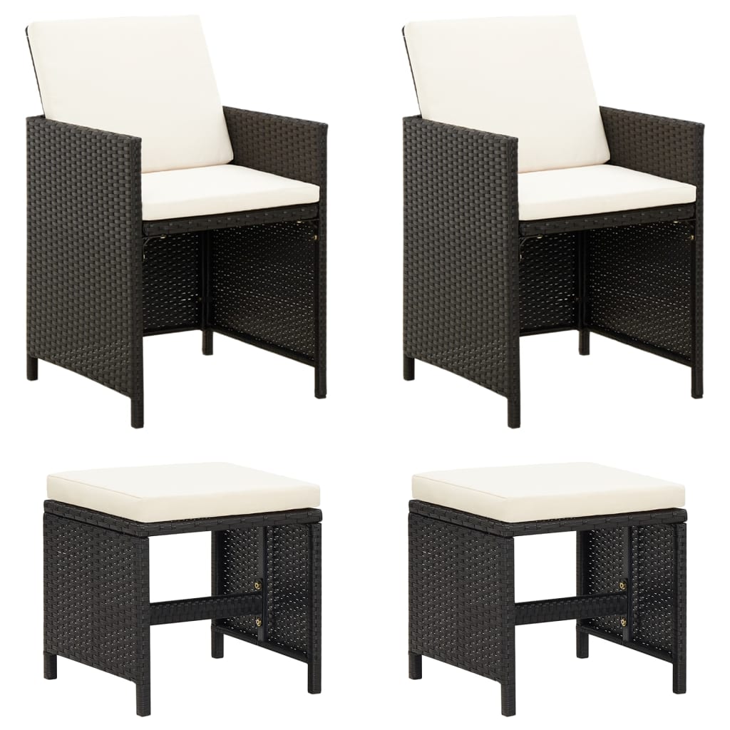 4 Pcs conjunto de cadeiras e bancos de jardim vime PE preto