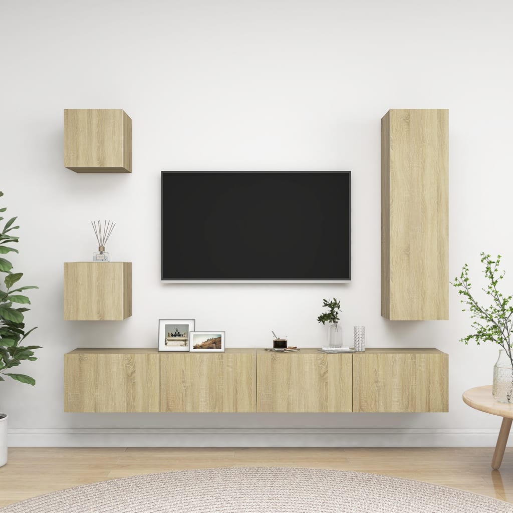 5Pcs conjunto de móveis de TV derivados madeira carvalho sonoma