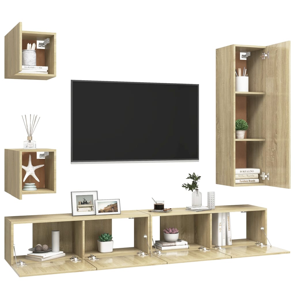 5Pcs conjunto de móveis de TV derivados madeira carvalho sonoma