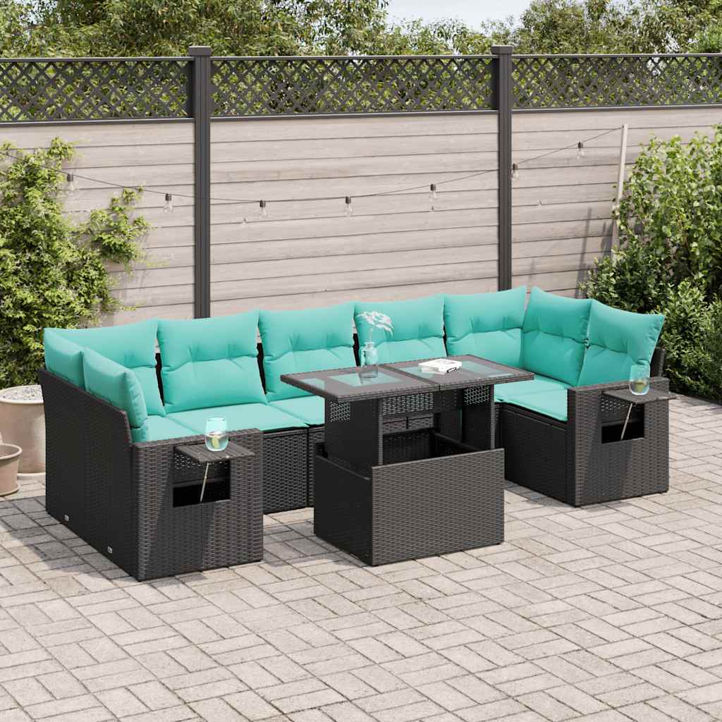 8 Pcs conj. sofás jardim c/ almofadões vime PE/acácia preto