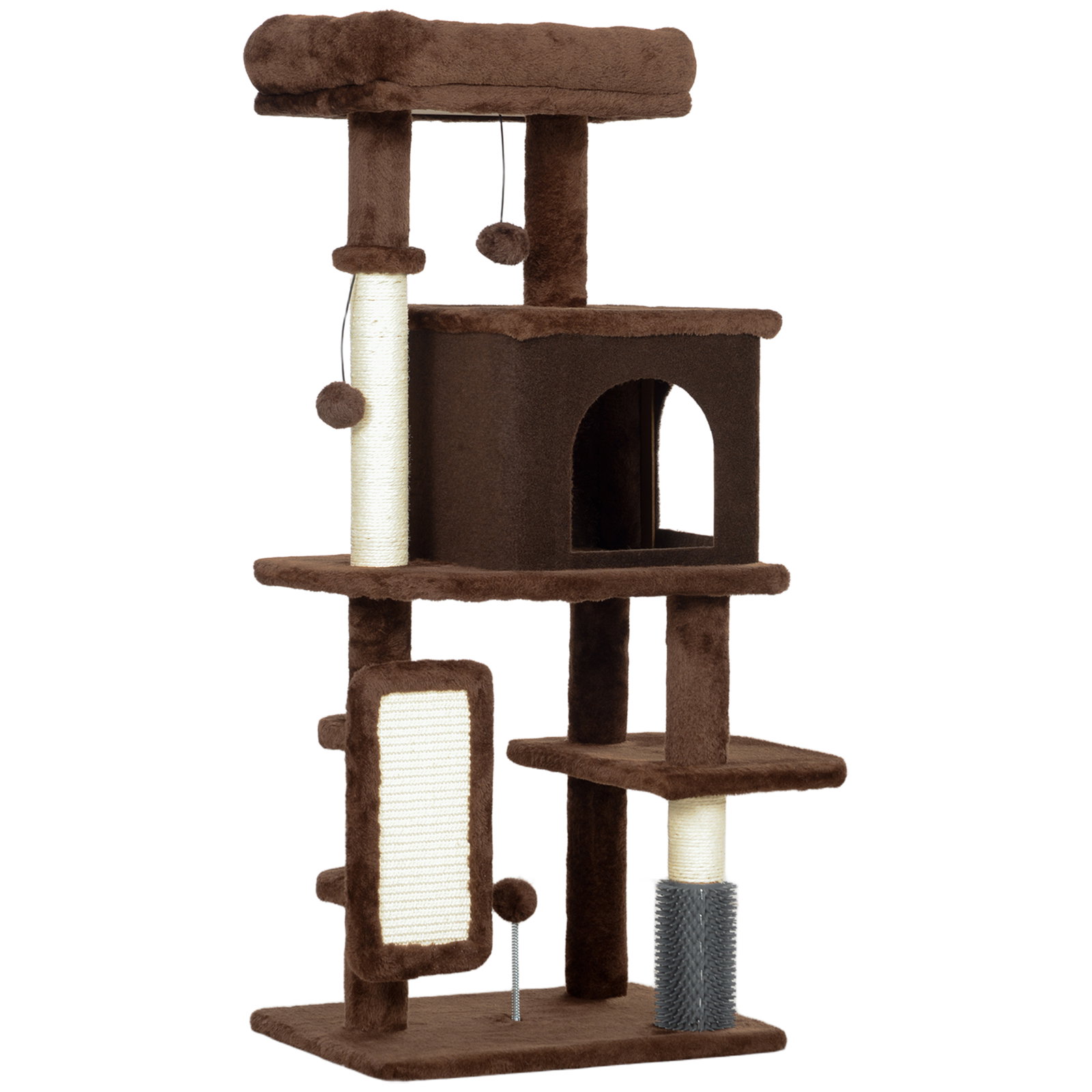Arranhador para gatos grande altura 104 cm com plataformas postes com escova bolas suspensas e almofadas para arranhar marrom