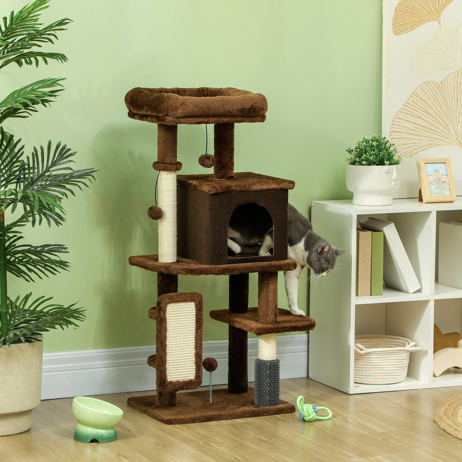 Arranhador para gatos grande altura 104 cm com plataformas postes com escova bolas suspensas e almofadas para arranhar marrom