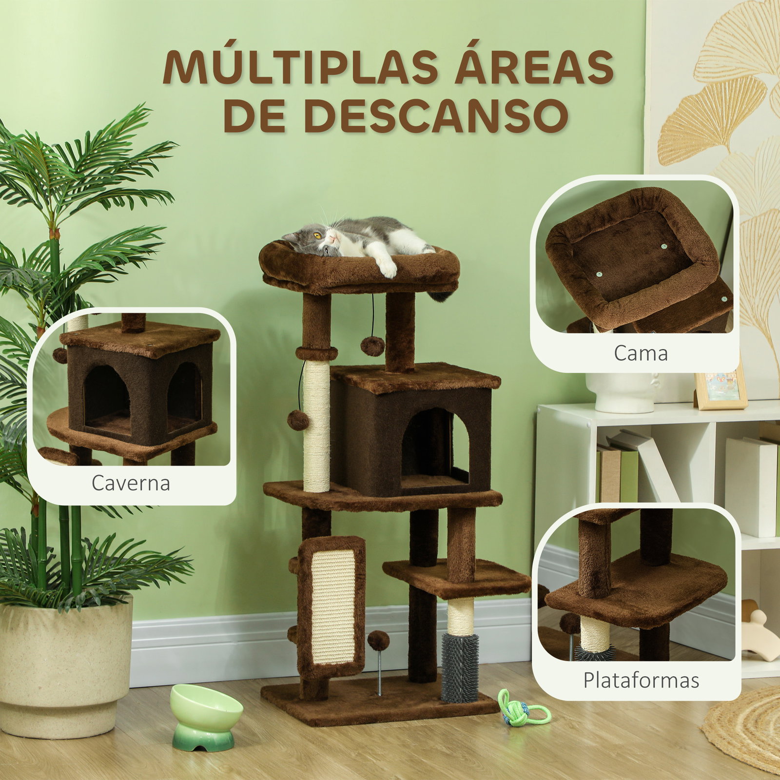 Arranhador para gatos grande altura 104 cm com plataformas postes com escova bolas suspensas e almofadas para arranhar marrom