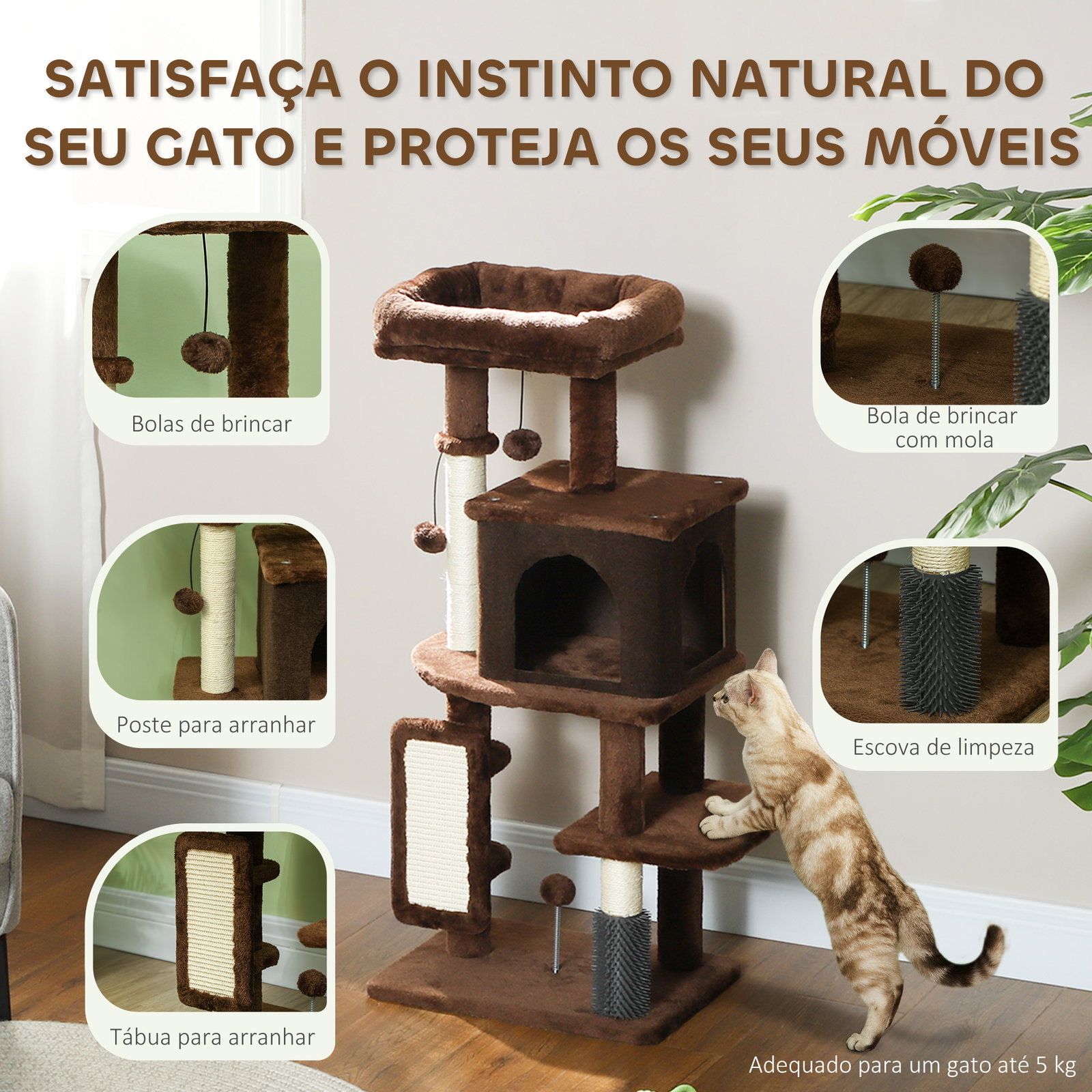 Arranhador para gatos grande altura 104 cm com plataformas postes com escova bolas suspensas e almofadas para arranhar marrom