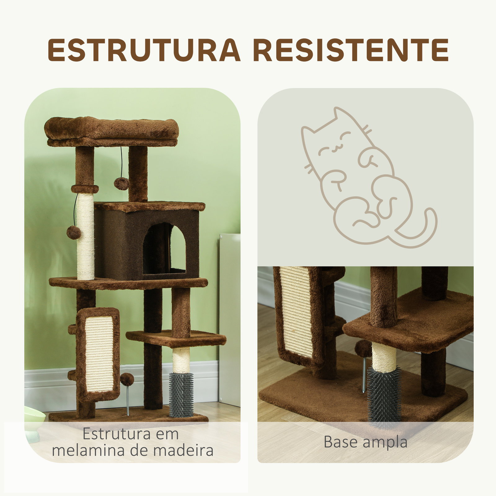 Arranhador para gatos grande altura 104 cm com plataformas postes com escova bolas suspensas e almofadas para arranhar marrom