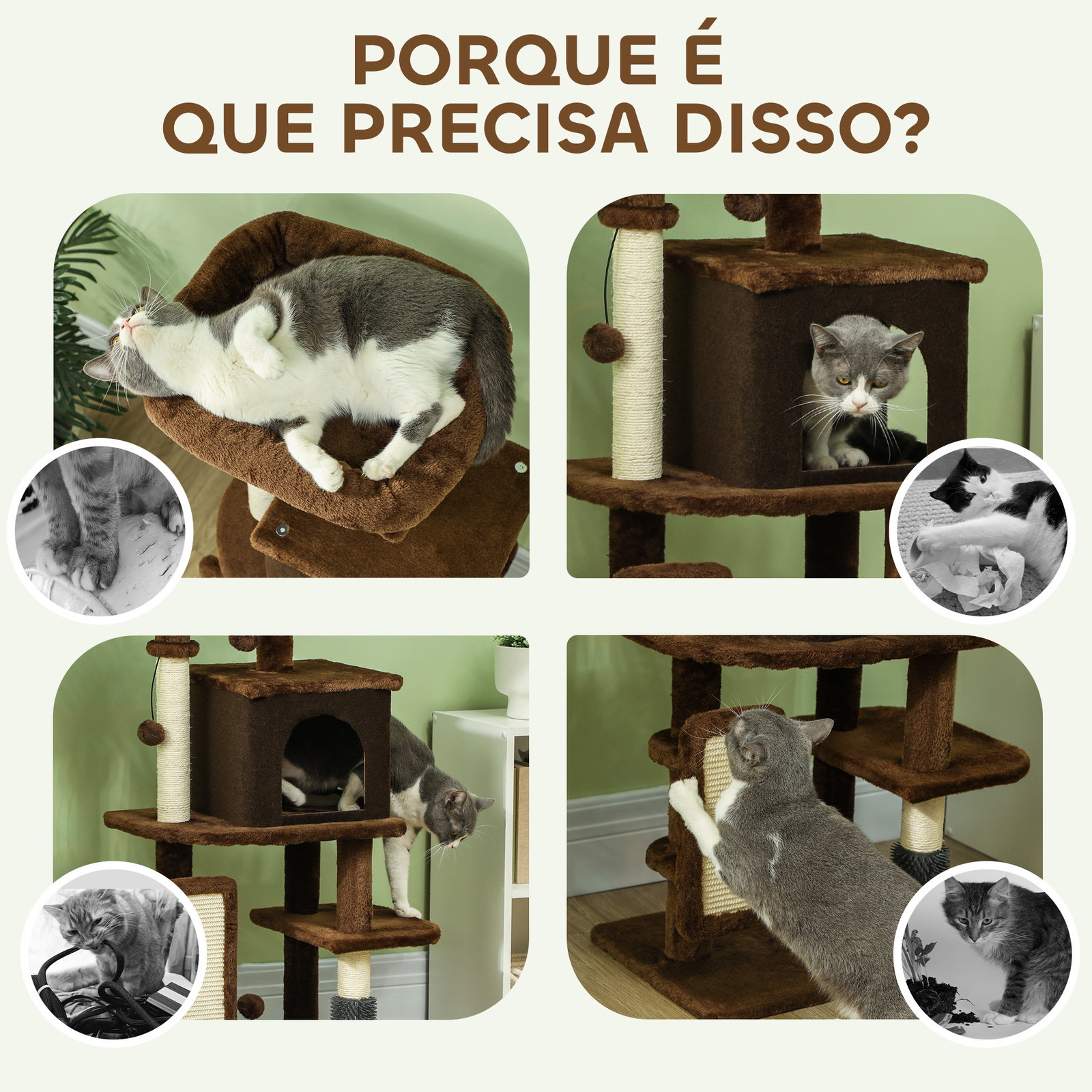 Arranhador para gatos grande altura 104 cm com plataformas postes com escova bolas suspensas e almofadas para arranhar marrom