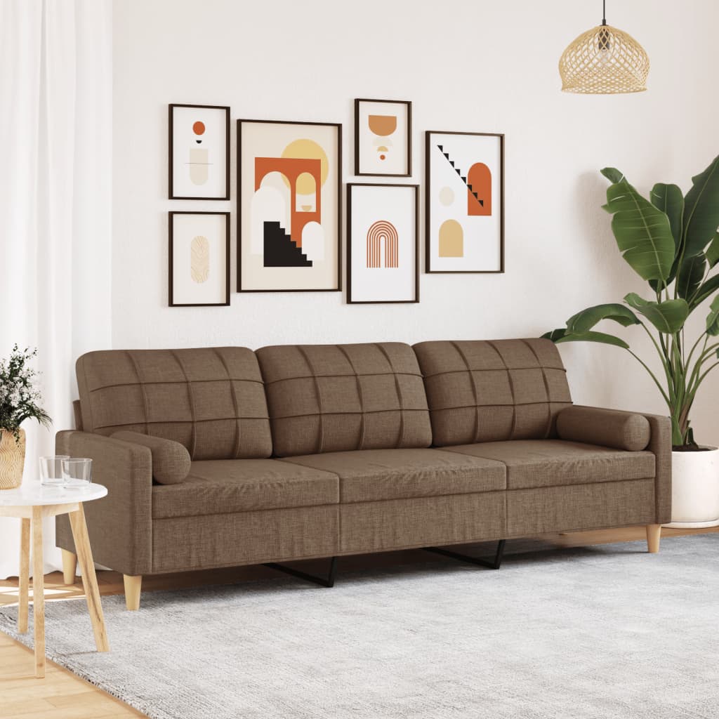 Sofá 3 lugares c/ almofadas decorativas 210 cm tecido castanho