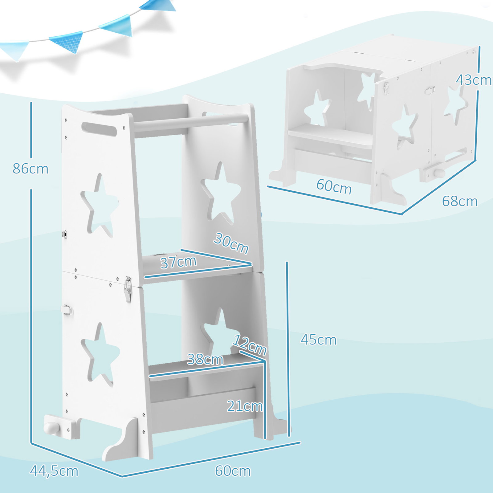 Torre de aprendizagem 2 em 1 torre de aprendizagem para crianças convertível em mesa e cadeira 60x44,5x86 cm branco