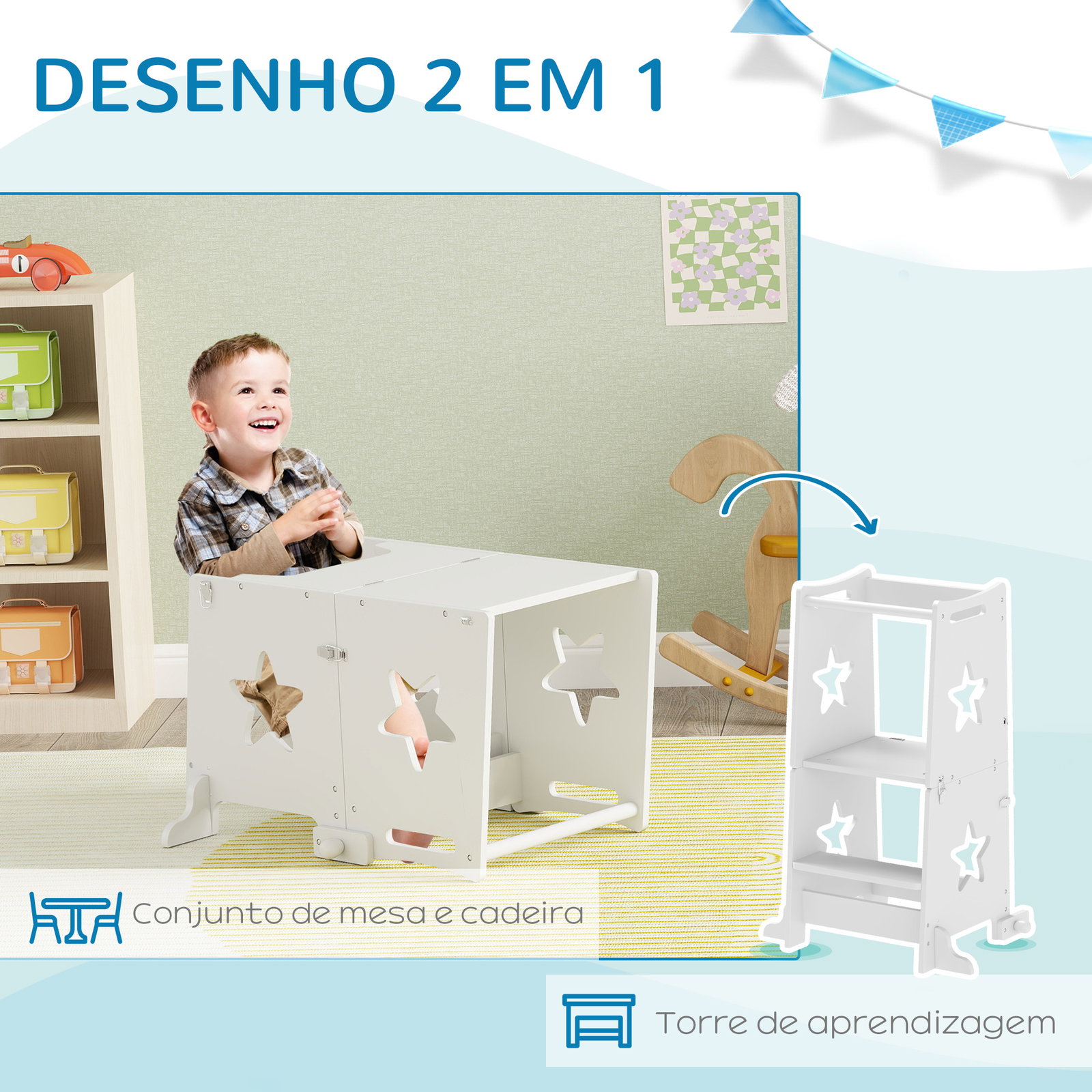 Torre de aprendizagem 2 em 1 torre de aprendizagem para crianças convertível em mesa e cadeira 60x44,5x86 cm branco