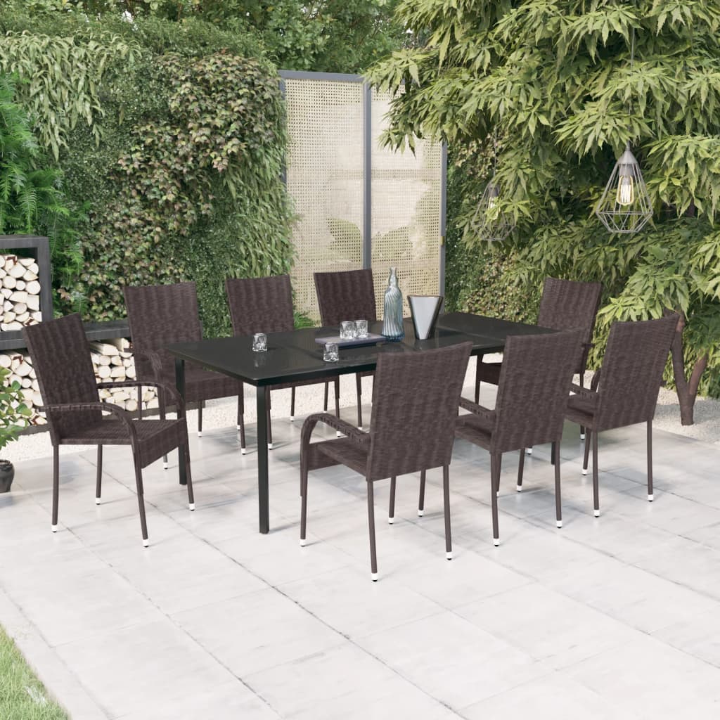 9 Pcs conjunto de jantar para jardim castanho e preto