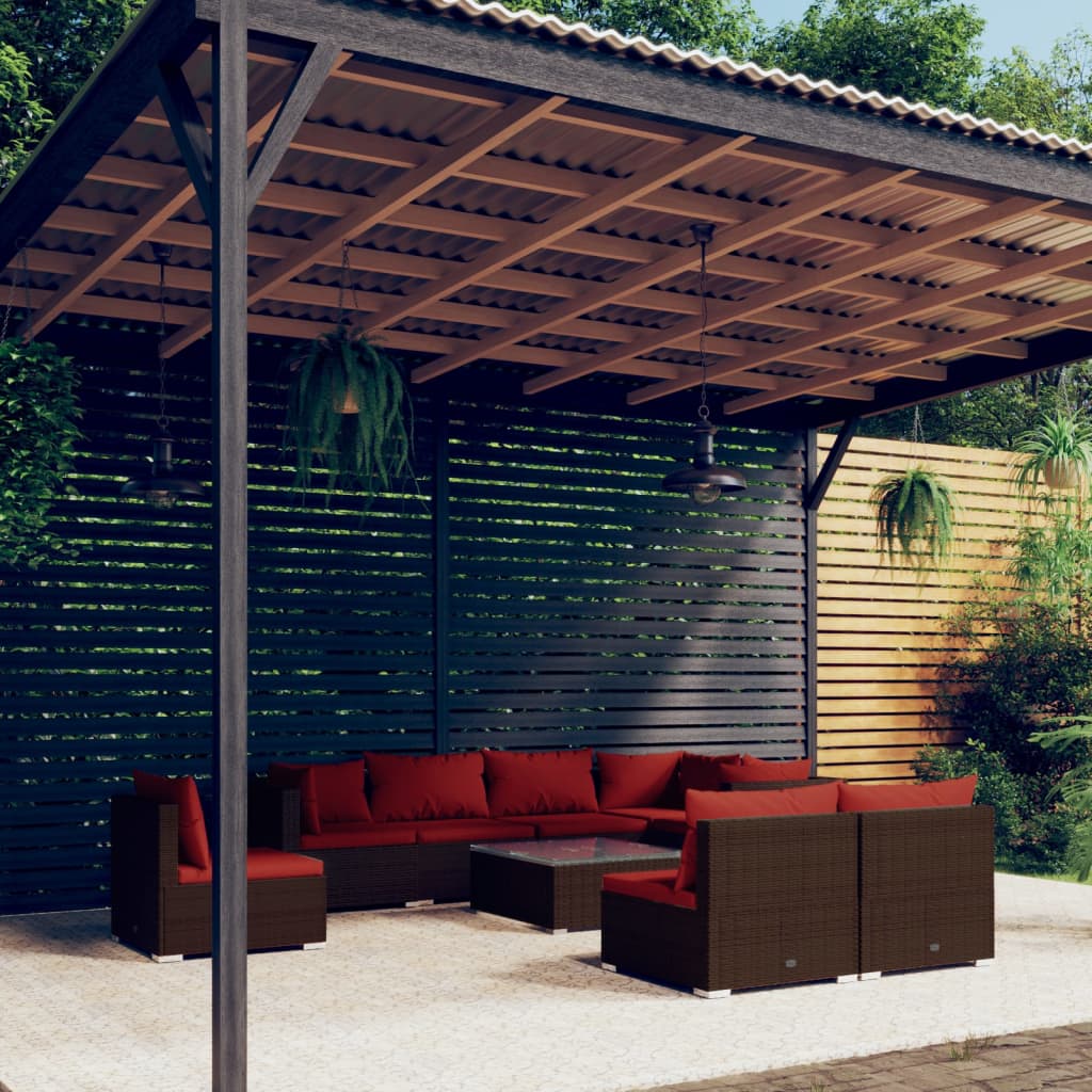 9 Pcs conjunto lounge de jardim c/ almofadões vime PE castanho
