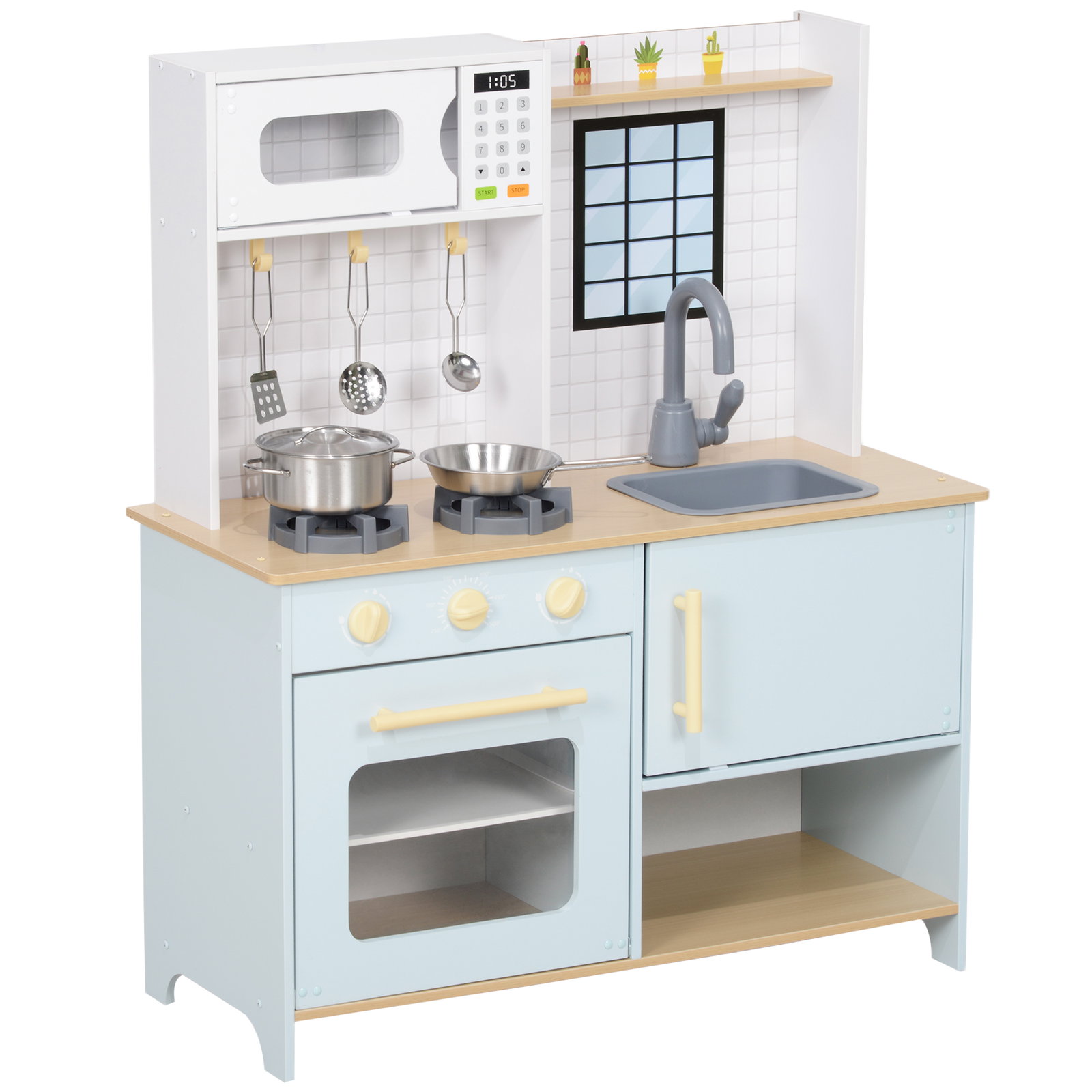 Cozinha de madeira para crianças acima de 3 anos cozinha de brincar infantil com som fogão lavatório micro-ondas e acessórios azul