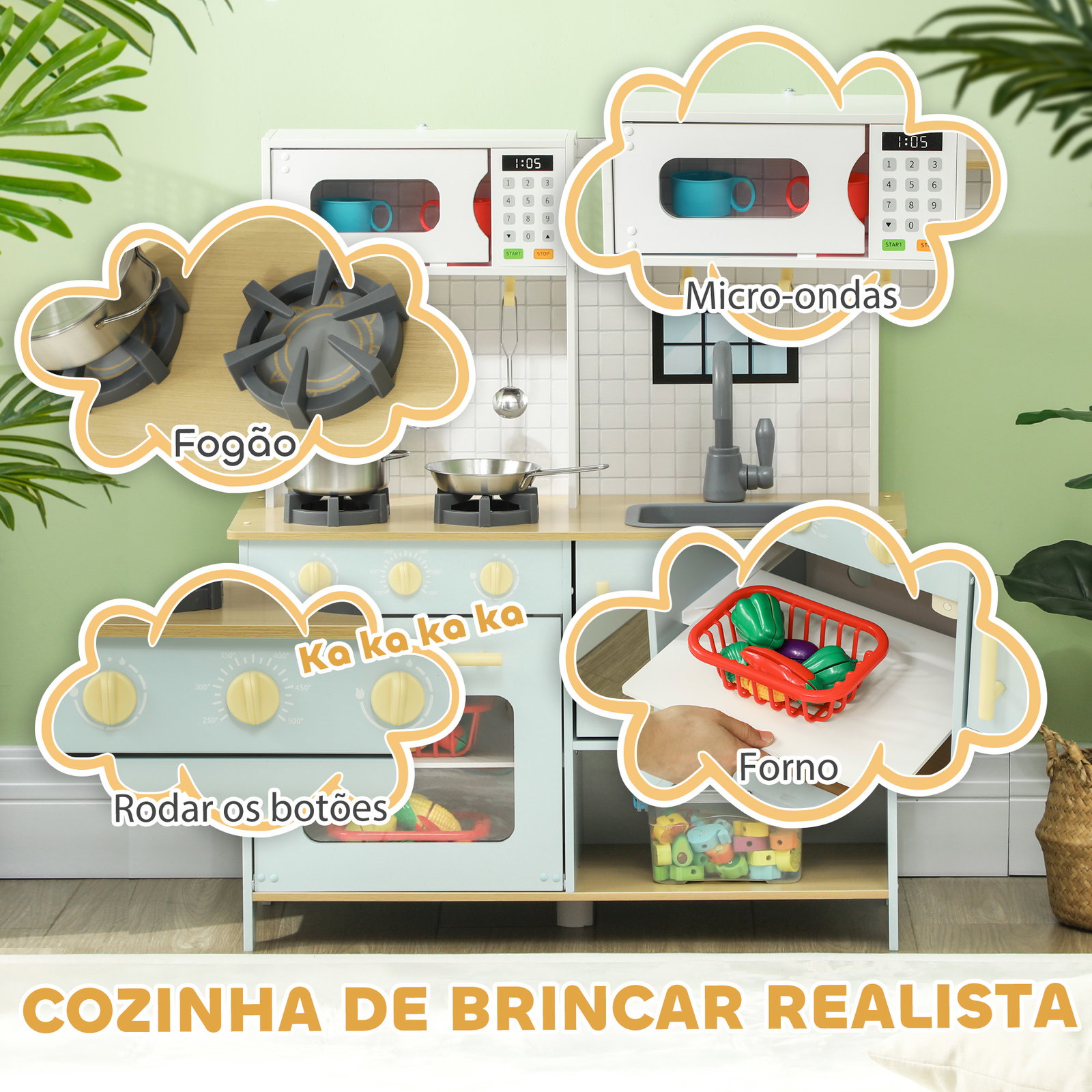 Cozinha de madeira para crianças acima de 3 anos cozinha de brincar infantil com som fogão lavatório micro-ondas e acessórios azul