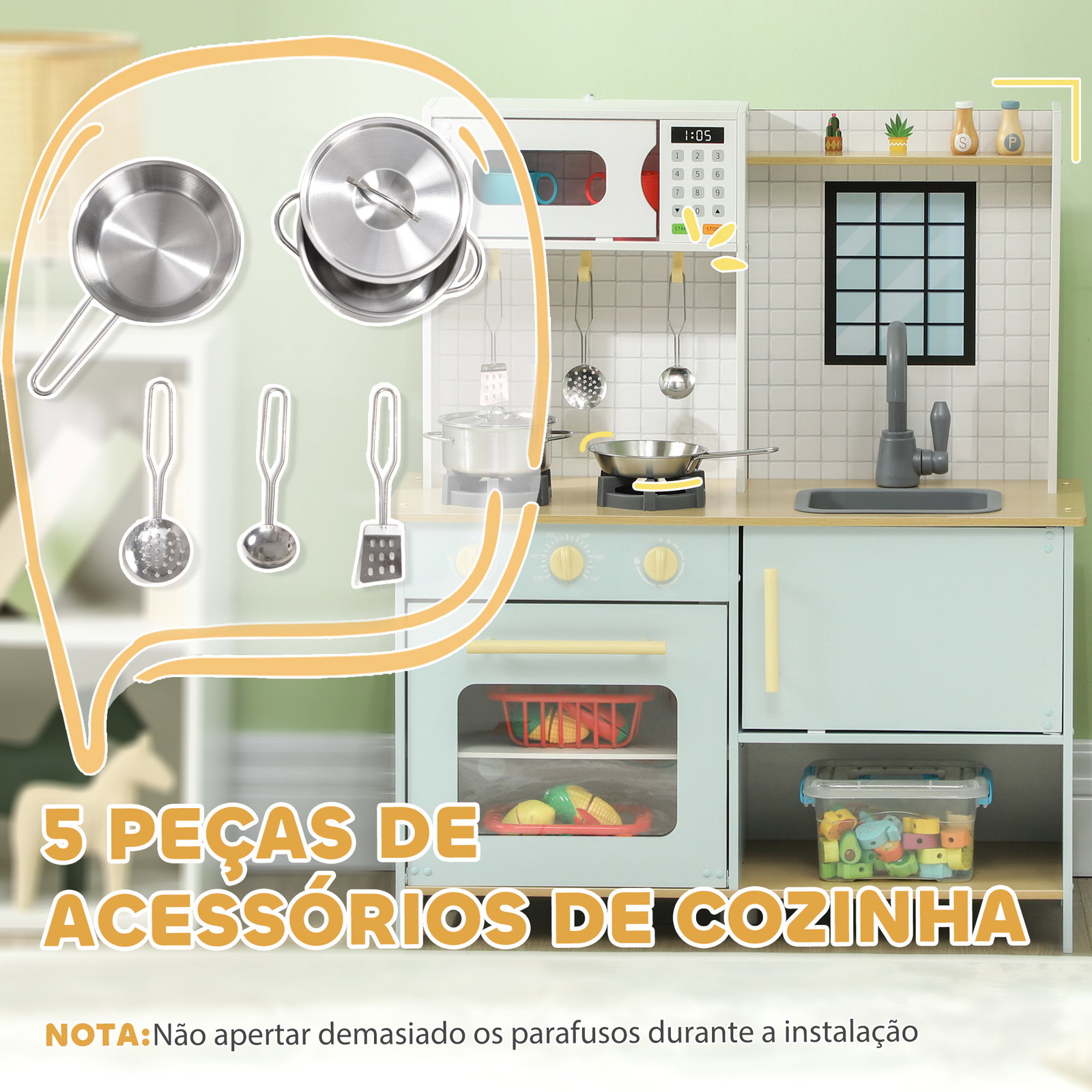 Cozinha de madeira para crianças acima de 3 anos cozinha de brincar infantil com som fogão lavatório micro-ondas e acessórios azul