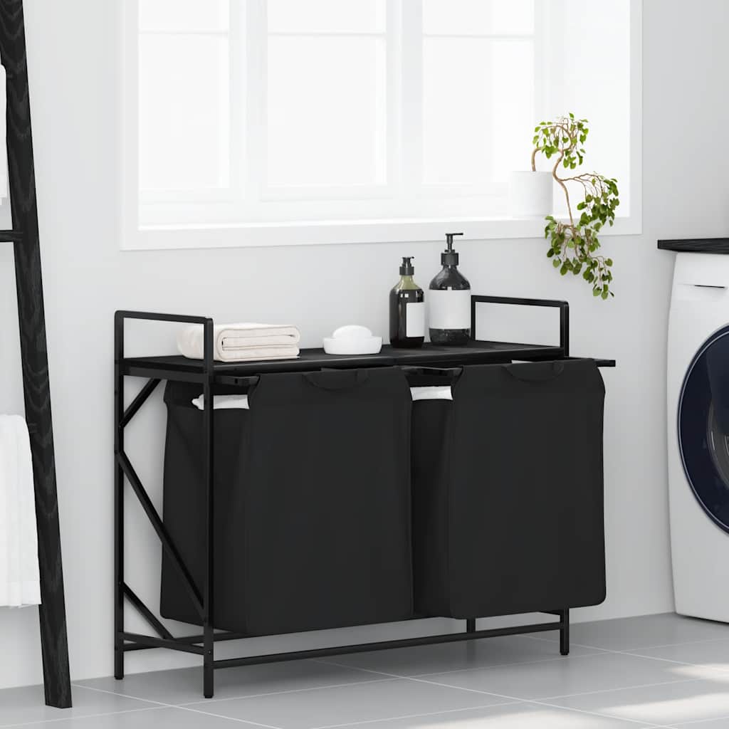 Cesto de roupa suja com 2 compartimentos e prateleira, cor carvalho preto