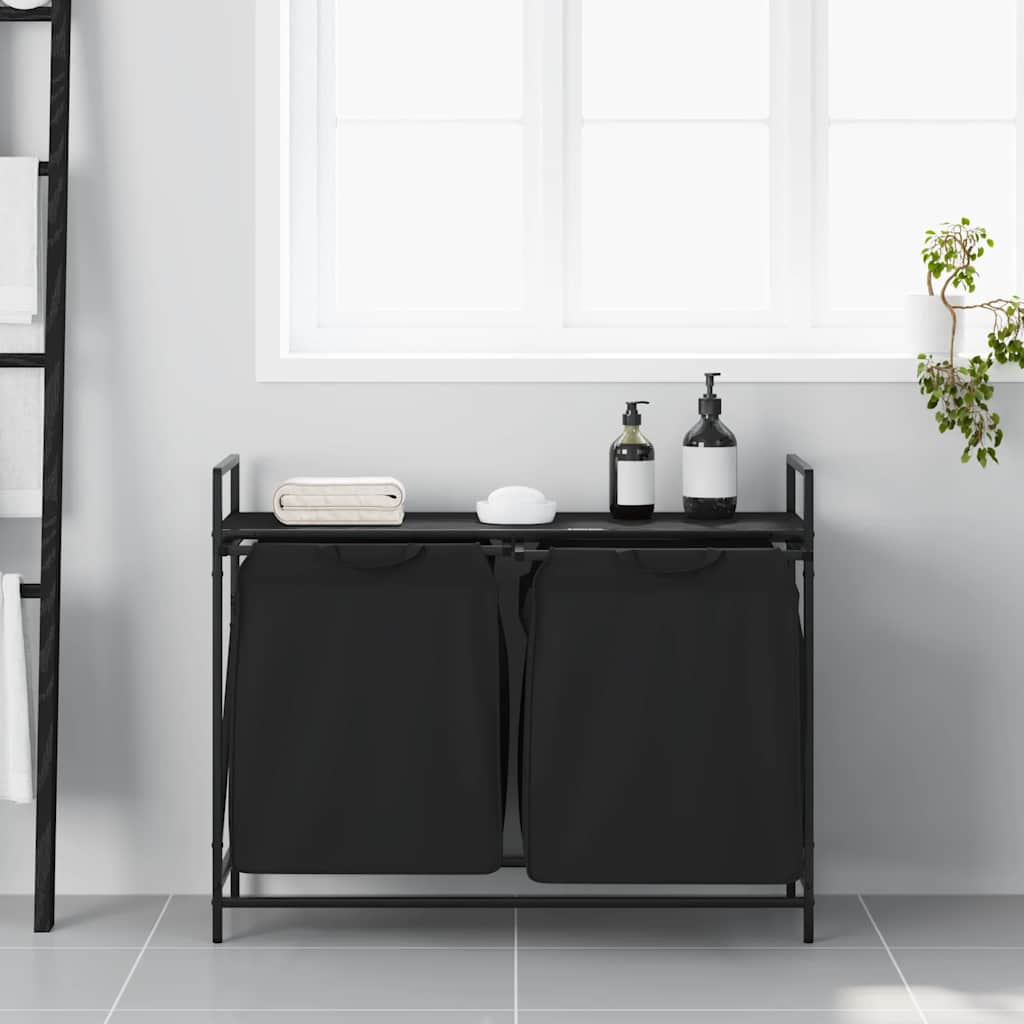 Cesto de roupa suja com 2 compartimentos e prateleira, cor carvalho preto