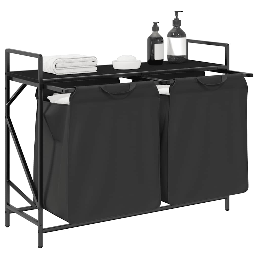 Cesto de roupa suja com 2 compartimentos e prateleira, cor carvalho preto