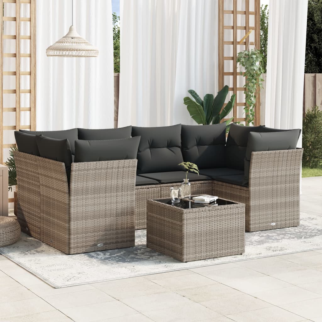 7 Pcs conj. sofás jardim com almofadões vime PE cinzento-claro