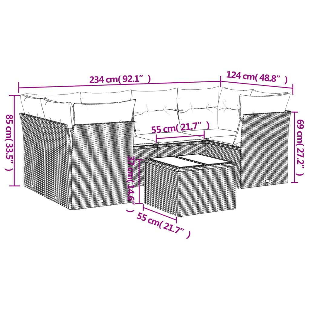 7 Pcs conj. sofás jardim com almofadões vime PE cinzento-claro