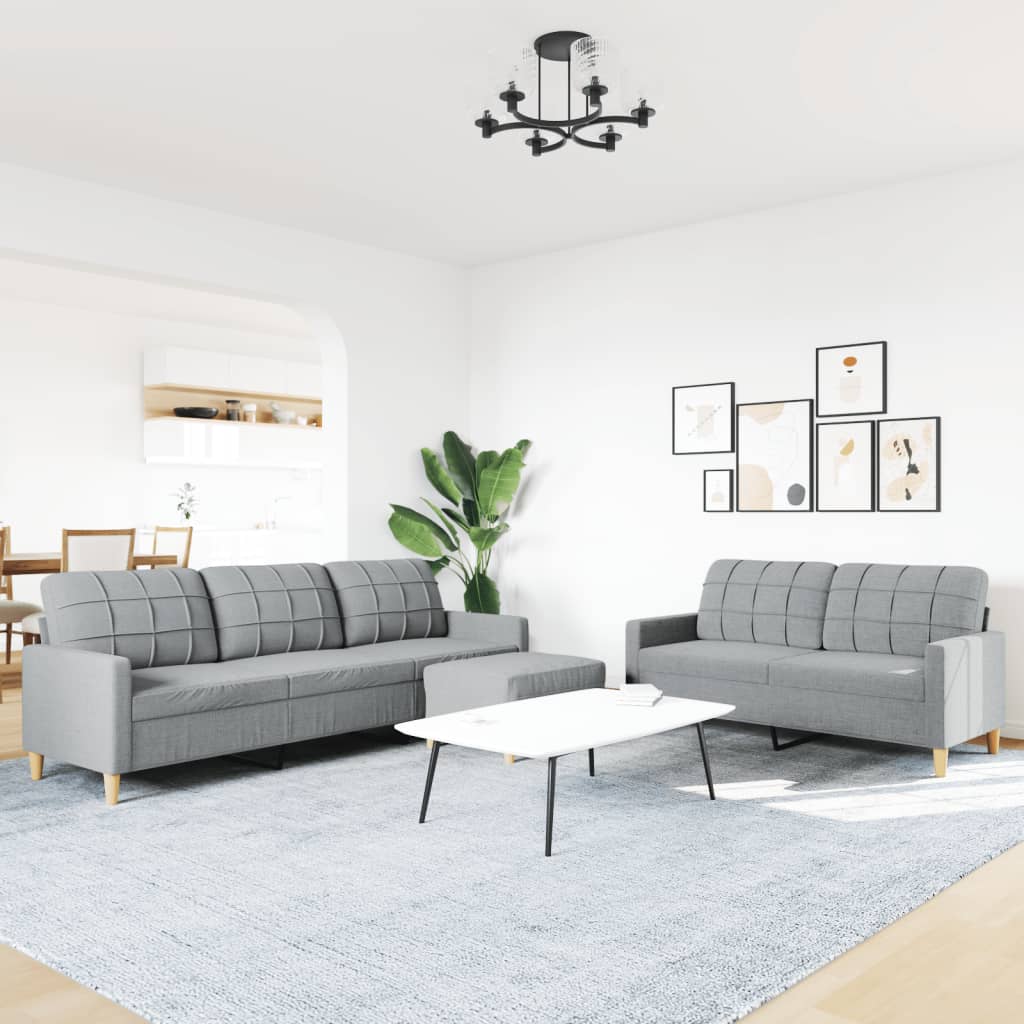3 Pcs conjunto de sofás com apoio de pés tecido cinzento-claro