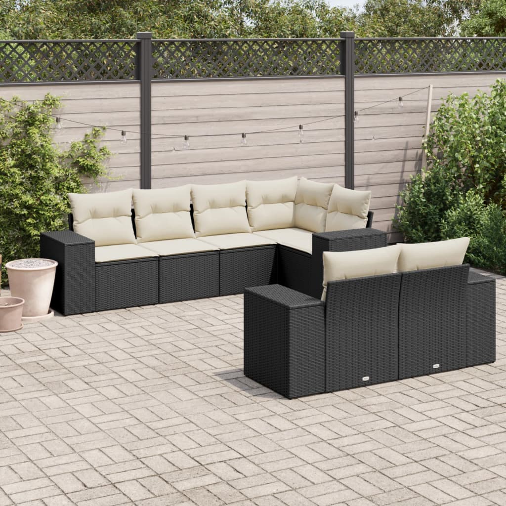 7 Pcs conjunto de sofás p/ jardim c/ almofadões vime PE preto