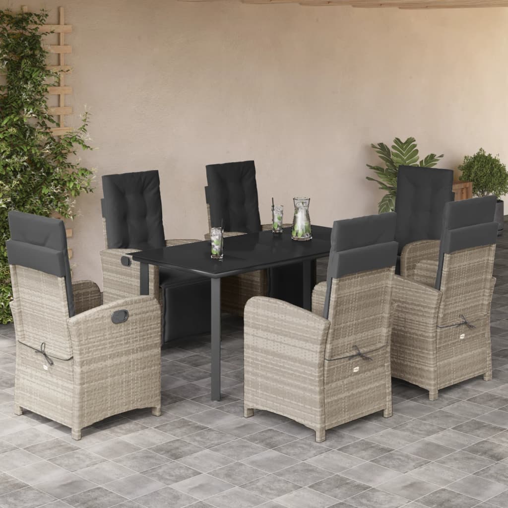 7 Pcs conj. jantar p/ jardim c/ almofadões vime PE cinza-claro