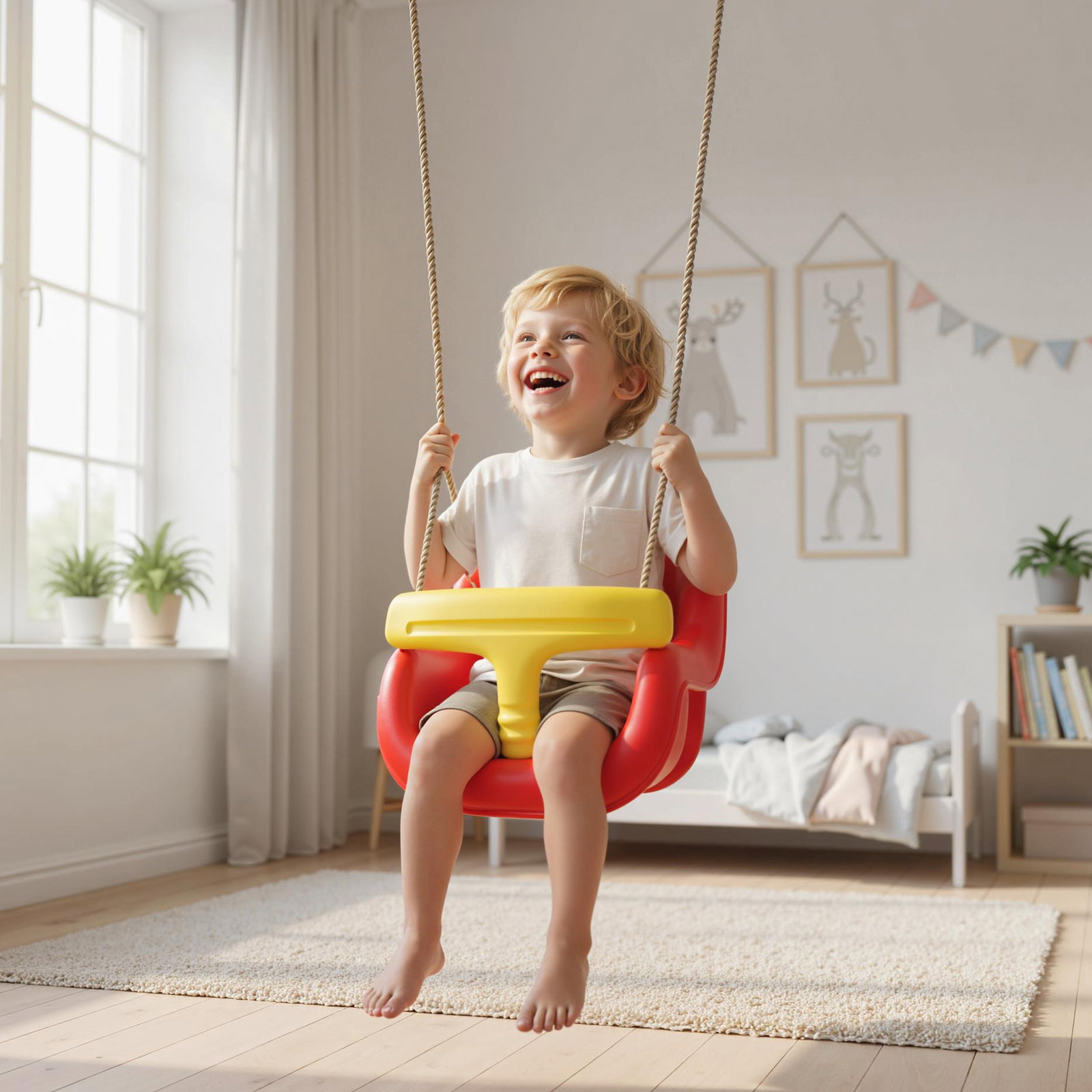 Baloiço infantil com corda ajustável, encosto alto e barra de segurança em t para interior e exterior vermelho