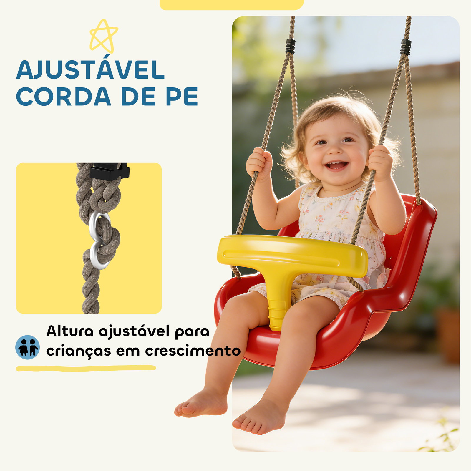 Baloiço infantil com corda ajustável, encosto alto e barra de segurança em t para interior e exterior vermelho