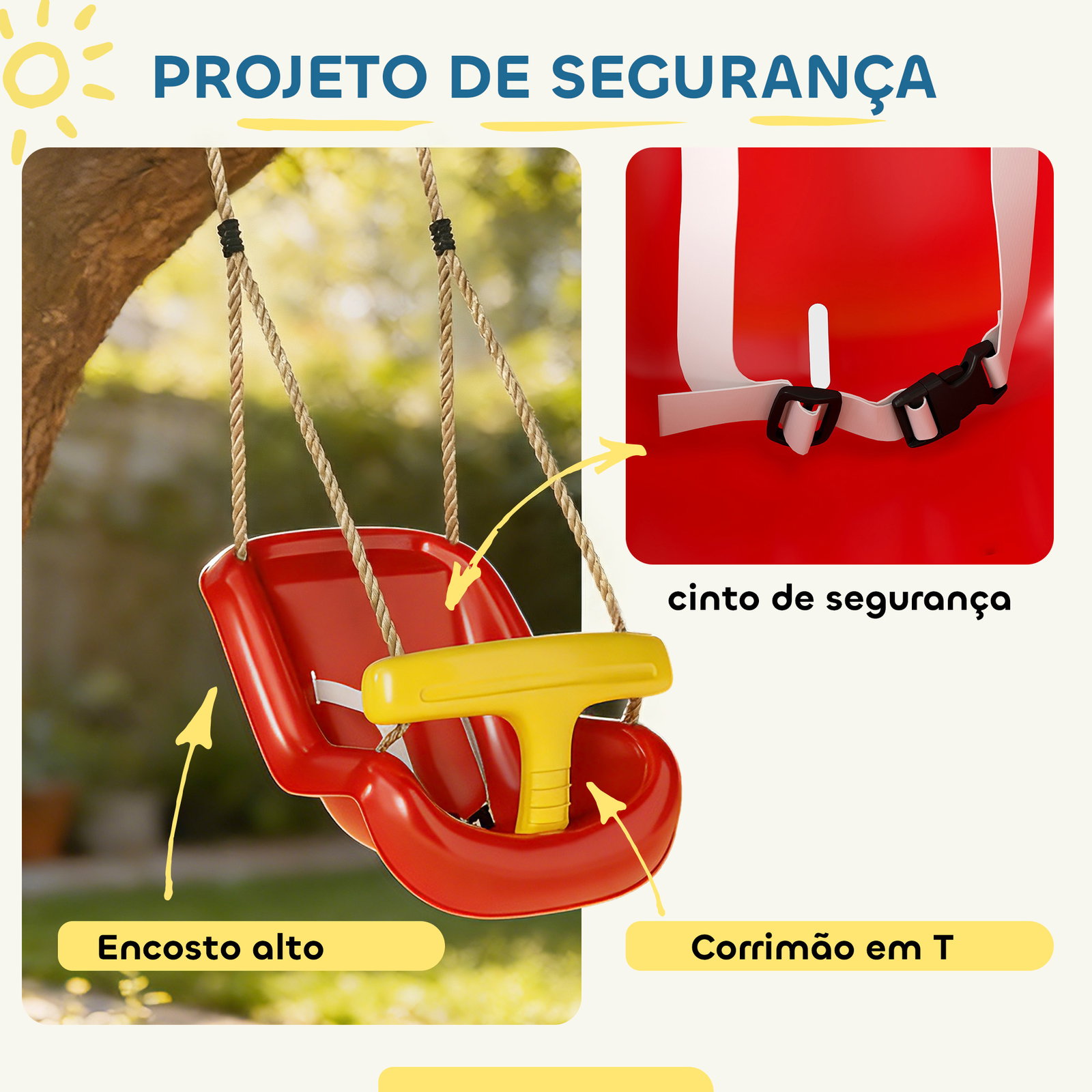 Baloiço infantil com corda ajustável, encosto alto e barra de segurança em t para interior e exterior vermelho