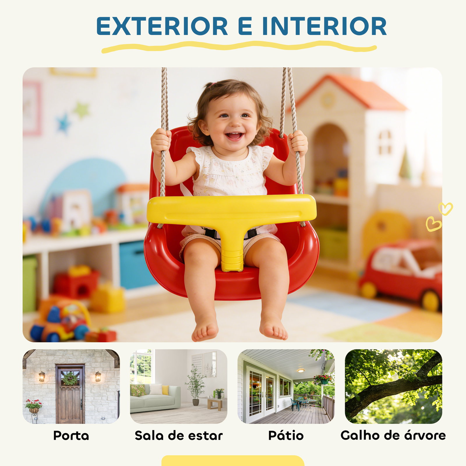 Baloiço infantil com corda ajustável, encosto alto e barra de segurança em t para interior e exterior vermelho