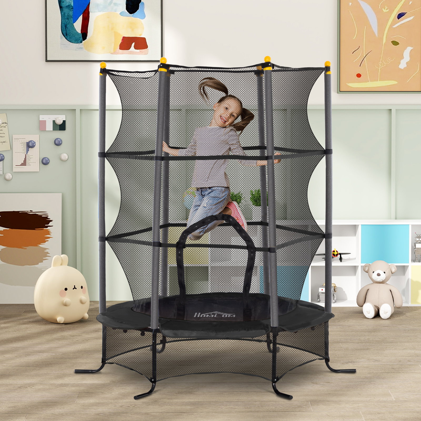 Trampolim para crianças com rede de segurança e estrutura de aço para interiores e exteriores carga 50 kg ø163x190 cm preto