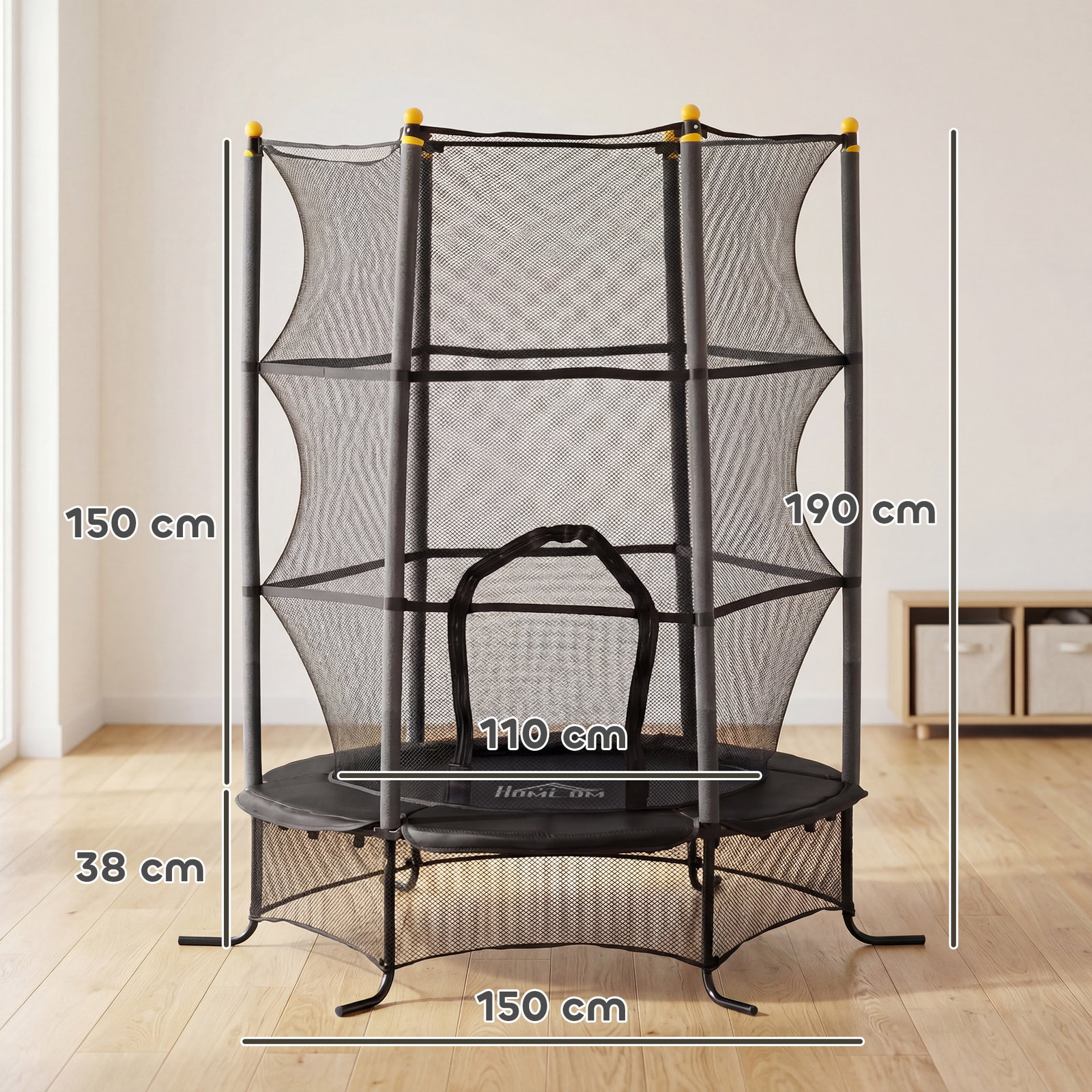 Trampolim para crianças com rede de segurança e estrutura de aço para interiores e exteriores carga 50 kg ø163x190 cm preto