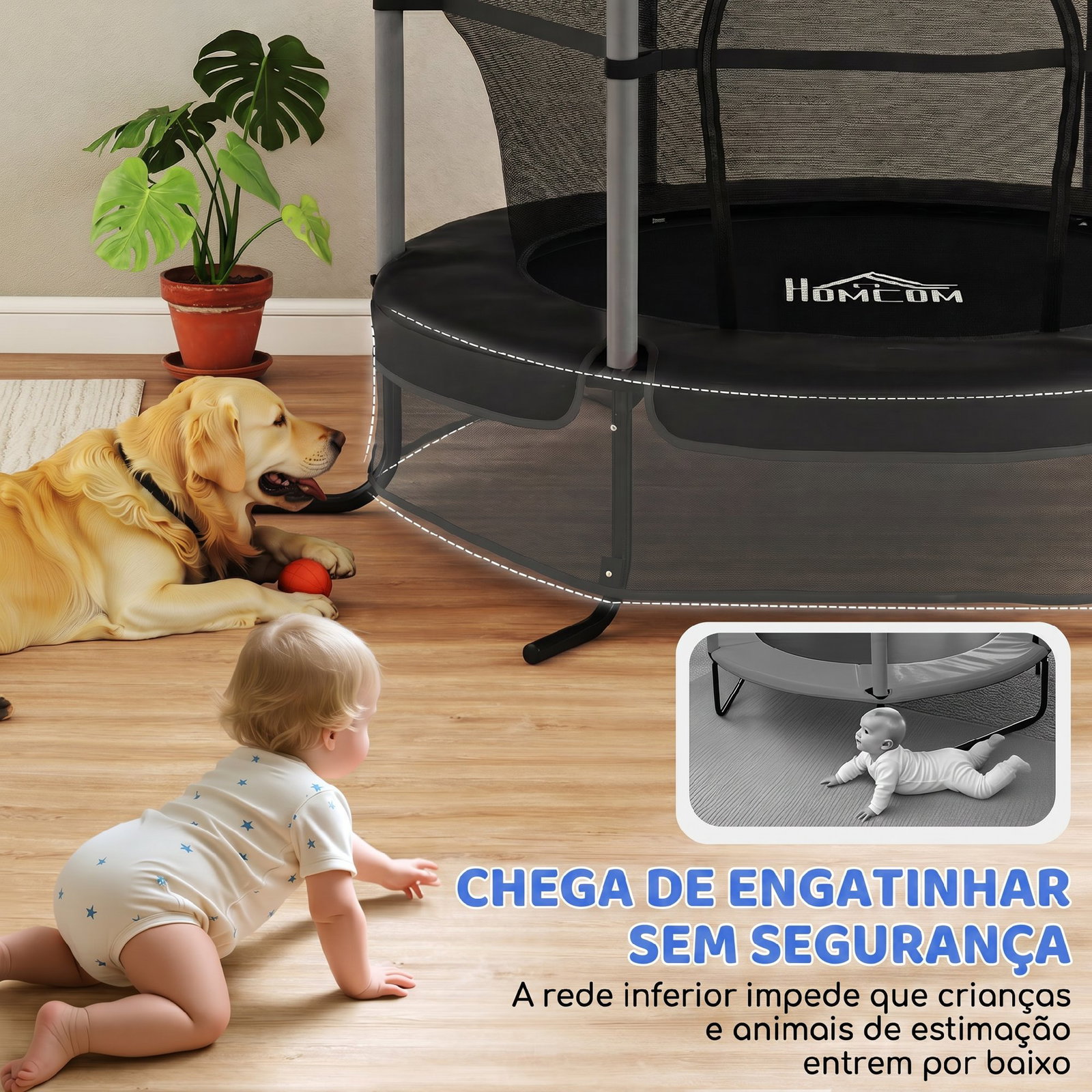 Trampolim para crianças com rede de segurança e estrutura de aço para interiores e exteriores carga 50 kg ø163x190 cm preto
