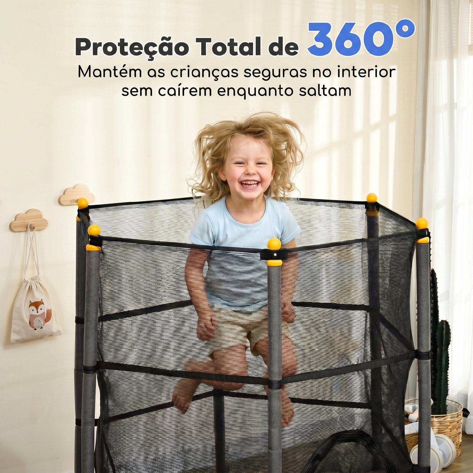 Trampolim para crianças com rede de segurança e estrutura de aço para interiores e exteriores carga 50 kg ø163x190 cm preto