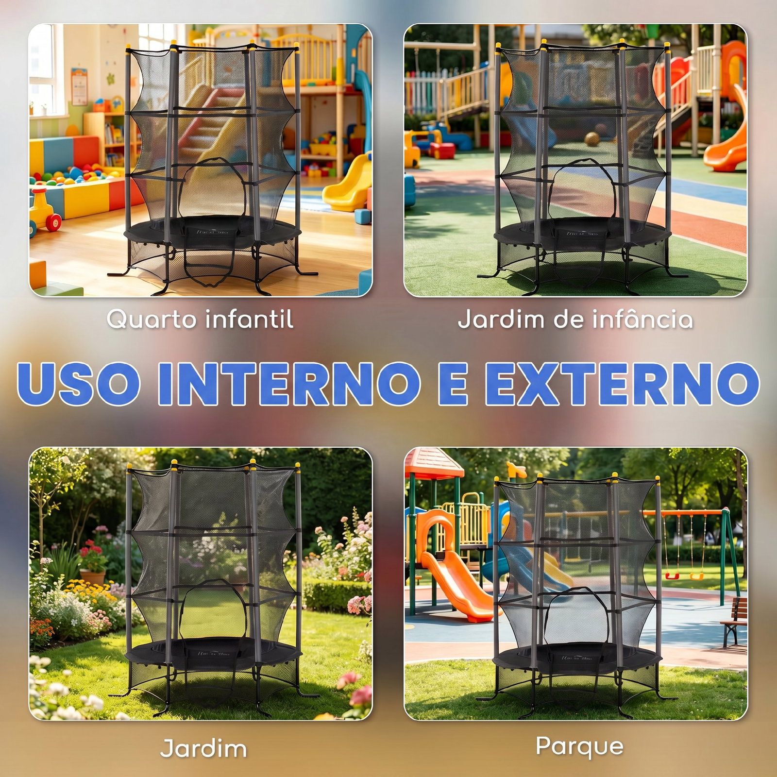 Trampolim para crianças com rede de segurança e estrutura de aço para interiores e exteriores carga 50 kg ø163x190 cm preto