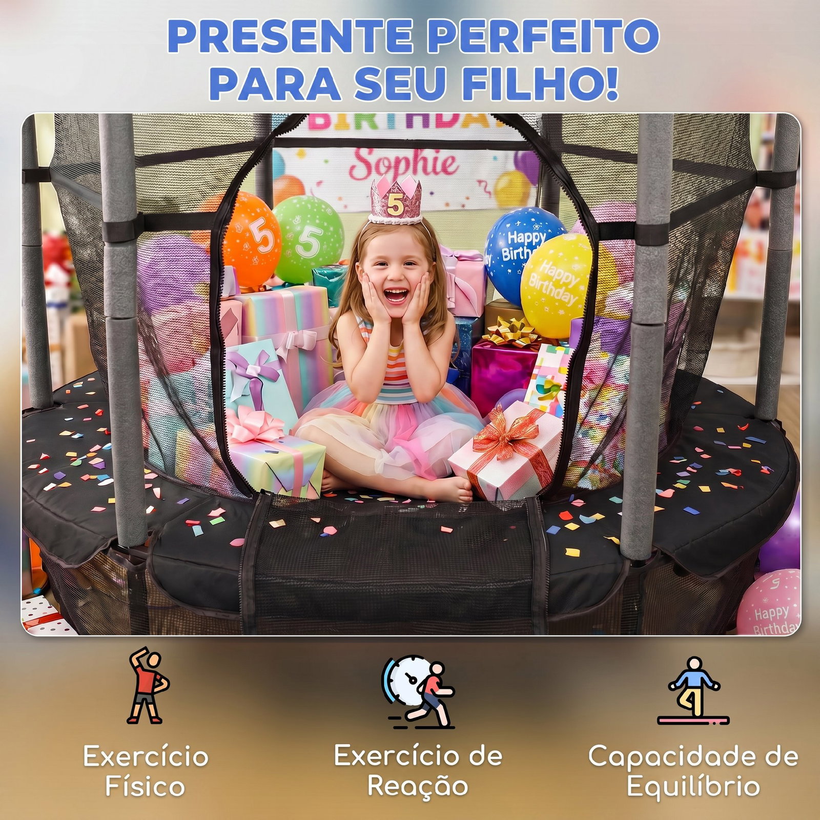 Trampolim para crianças com rede de segurança e estrutura de aço para interiores e exteriores carga 50 kg ø163x190 cm preto
