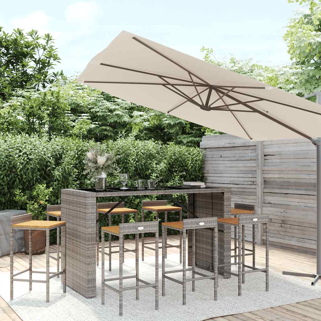 9 Pcs conjunto de bar p/ jardim vime PE/acácia maciça cinzento