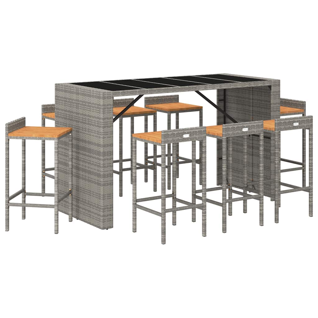 9 Pcs conjunto de bar p/ jardim vime PE/acácia maciça cinzento