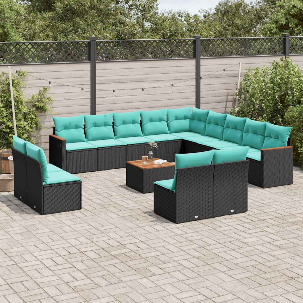 Conjunto de sofá de jardim com 14 peças e almofadas em rattan sintético preto