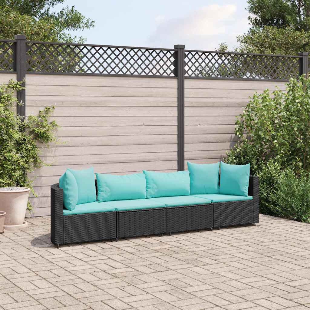 4 Pcs conjunto de sofás para jardim c/ almofadões vime PE preto