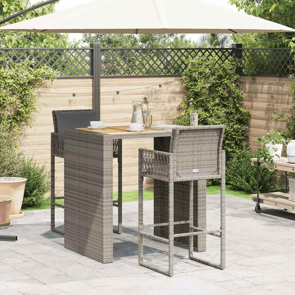 3 Pcs conj. de bar jardim c/ almofadões vime PE/acácia cinzento