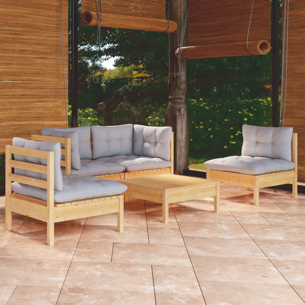 5 Pcs conjunto lounge de jardim + almofadões cinza pinho maciço